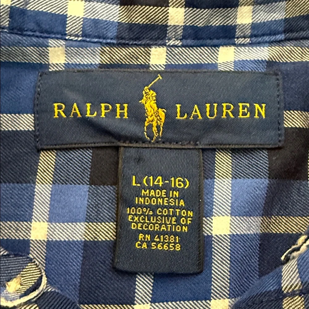 Ralph Lauren Boys Blue and White Checkered Button down shirt L 14-16